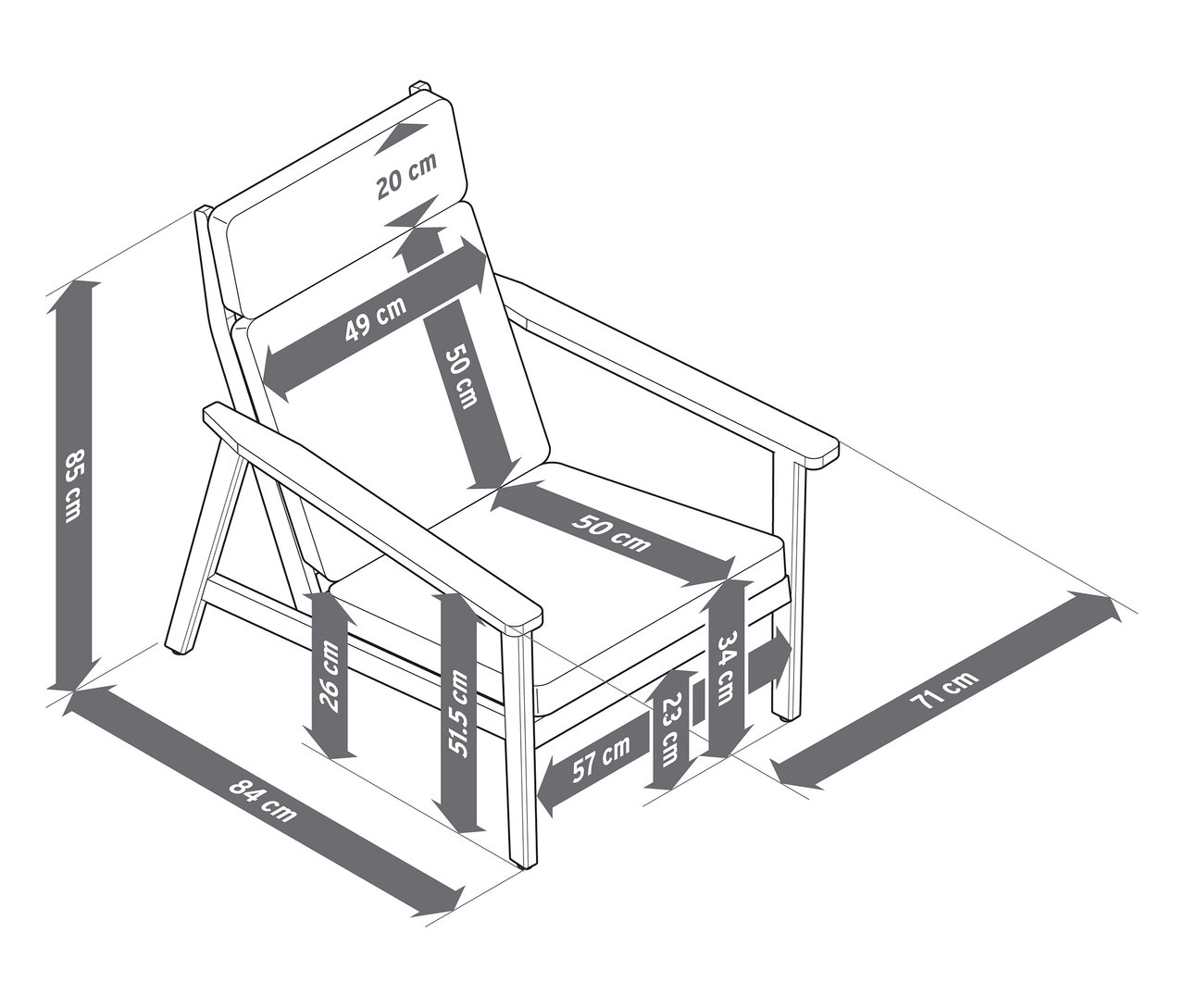 Abbildung eines komfortablen Gartensessels mit hoher Rückenlehne inklusive Fußlehne mit Maßangaben.