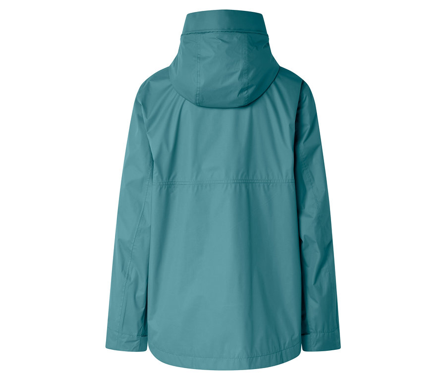 Rückansicht einer türkisfarbenen Regenjacke mit Kapuze.
