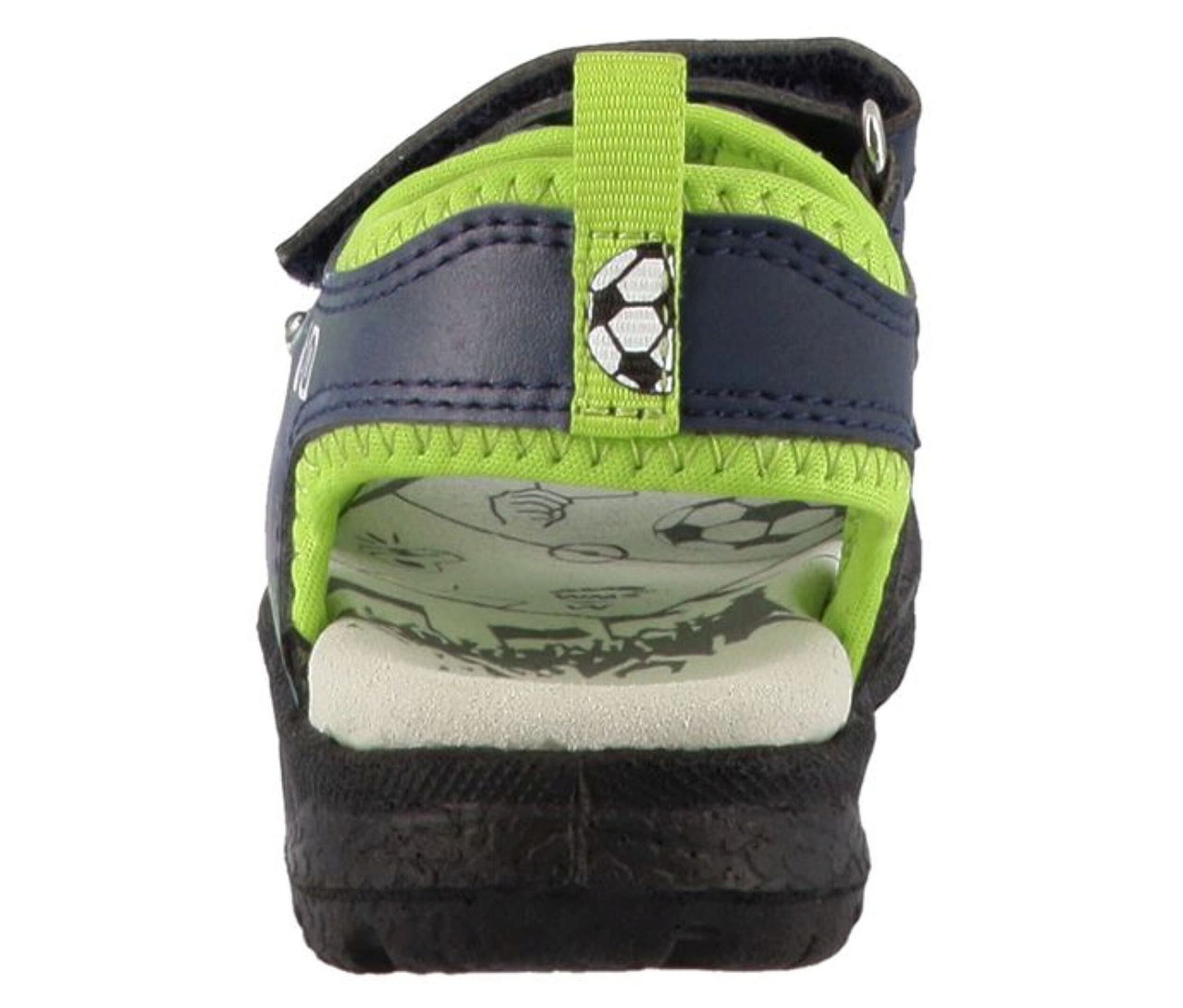 Rückansicht einer LURCHI Jungen-Sandale »Keeper« in Dunkelblau mit leuchtend grünem Besatz und schwarzer Sohle. Ein grüner Riemen mit Fußballmotiv ist hinten sichtbar.