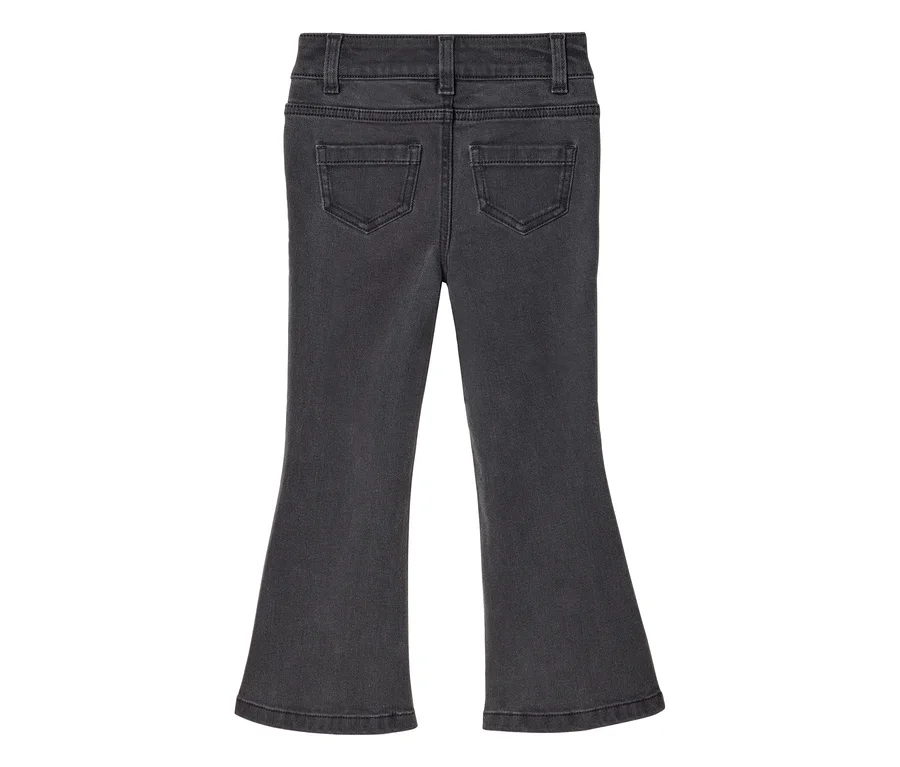 Dunkelgraue Schlagjeans, von hinten gesehen, mit zwei Gesäßtaschen und Gürtelschlaufen.