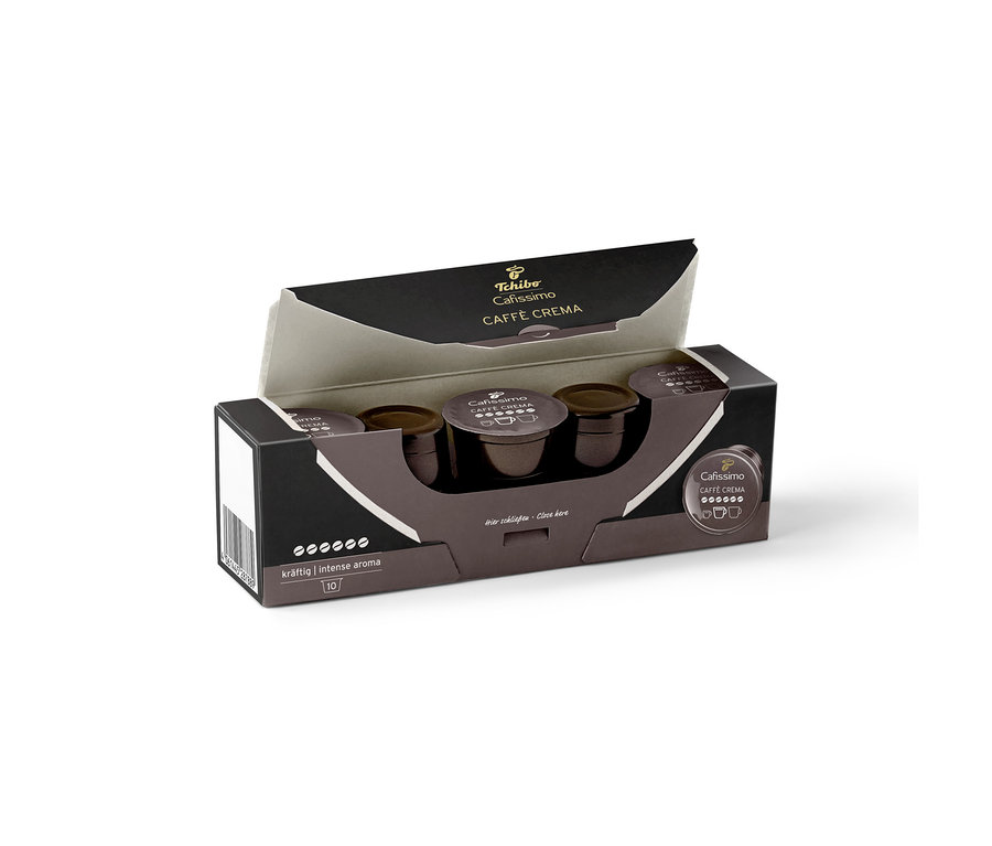 Offene Packung Tchibo Cafissimo Caffè Crema kräftig - 10 Kapseln, mit drei dunkelbraunen Kapseln.