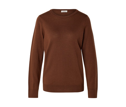 Brauner Langarm-Pullover mit Rundhalsausschnitt.