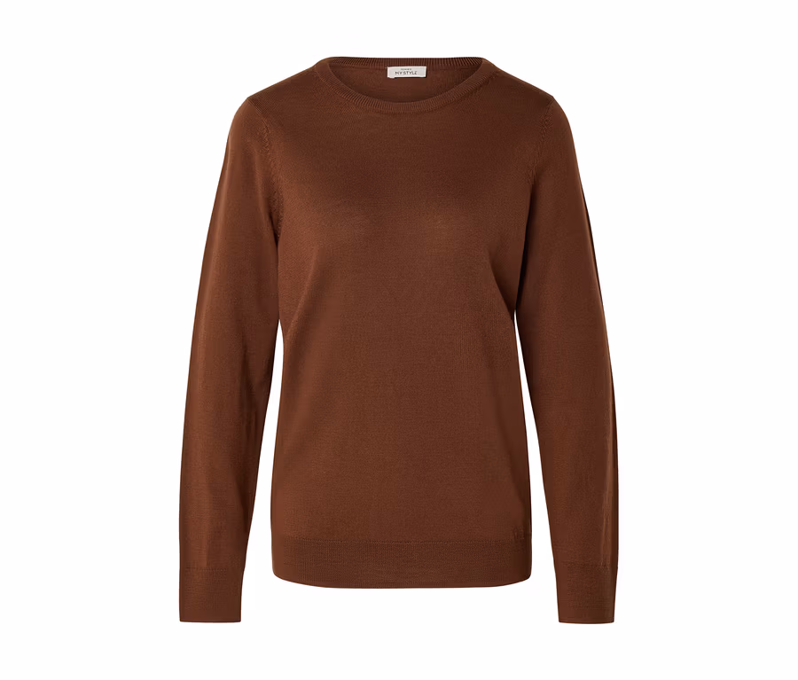 Brauner Langarm-Pullover mit Rundhalsausschnitt.