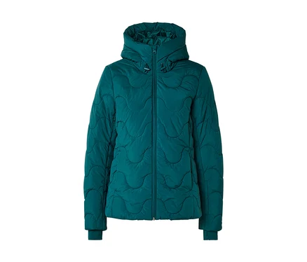 Petrolfarbene Steppjacke mit wellenförmigem Steppmuster, Kapuze und Reißverschluss.