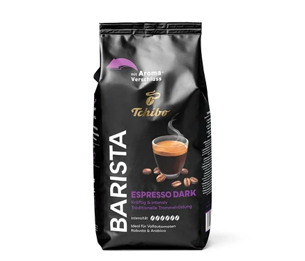 Schwarze Packung Tchibo Barista Espresso Dark Kaffee mit einem Bild einer Espressotasse und Kaffeebohnen.