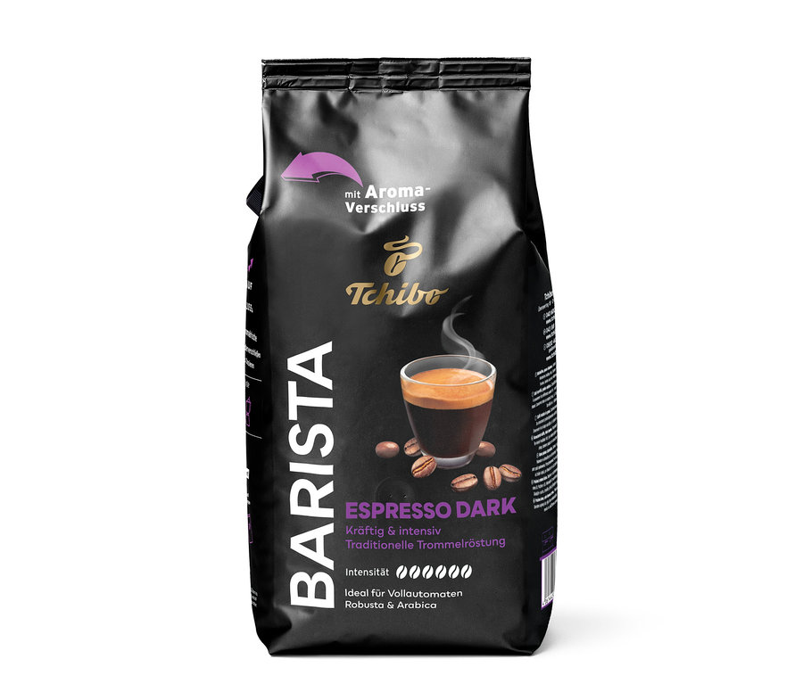 Schwarze Packung Tchibo Barista Espresso Dark Kaffee mit einem Bild einer Espressotasse und Kaffeebohnen.