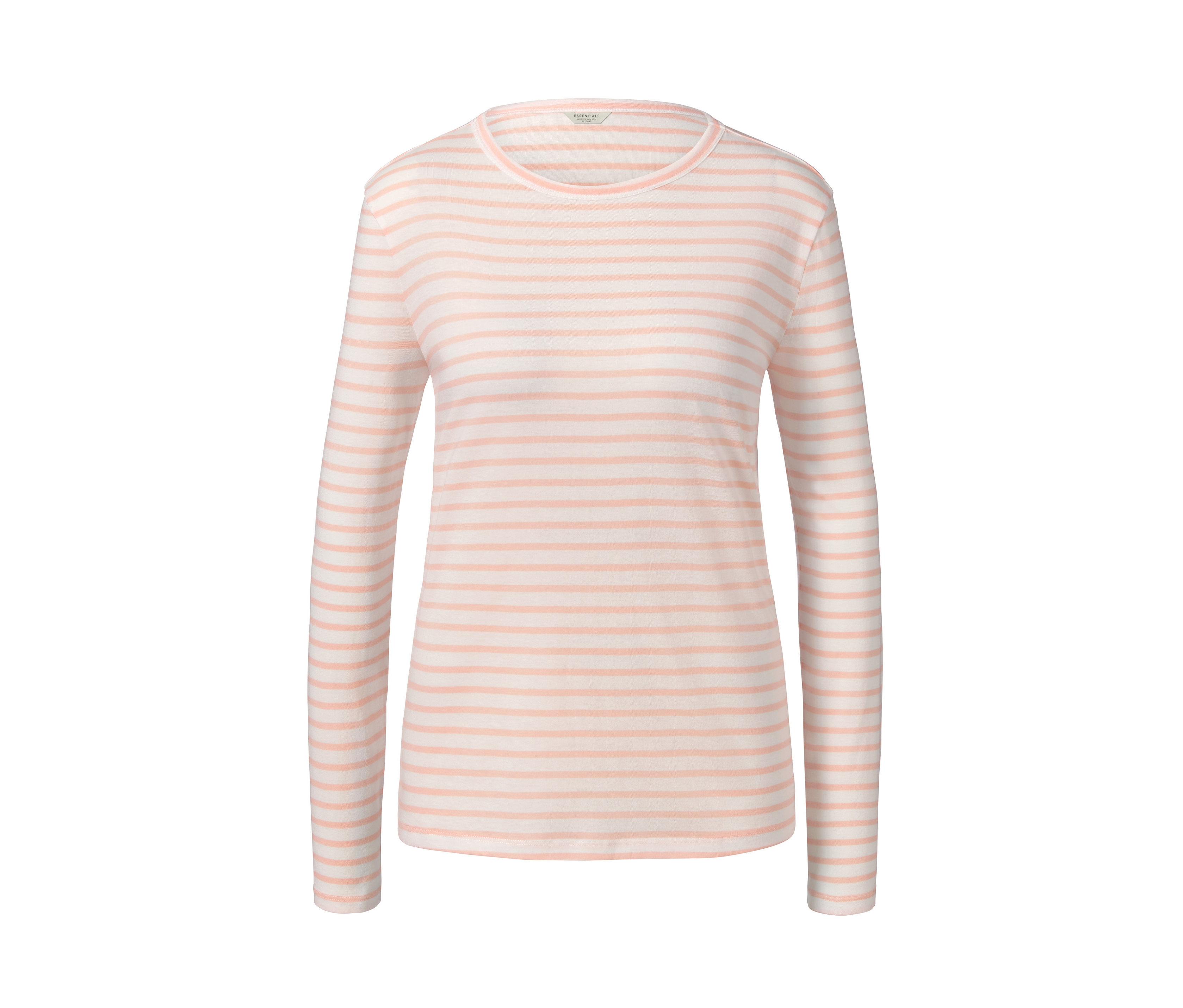Langarmshirt, korallefarben-weiß gestreift.
