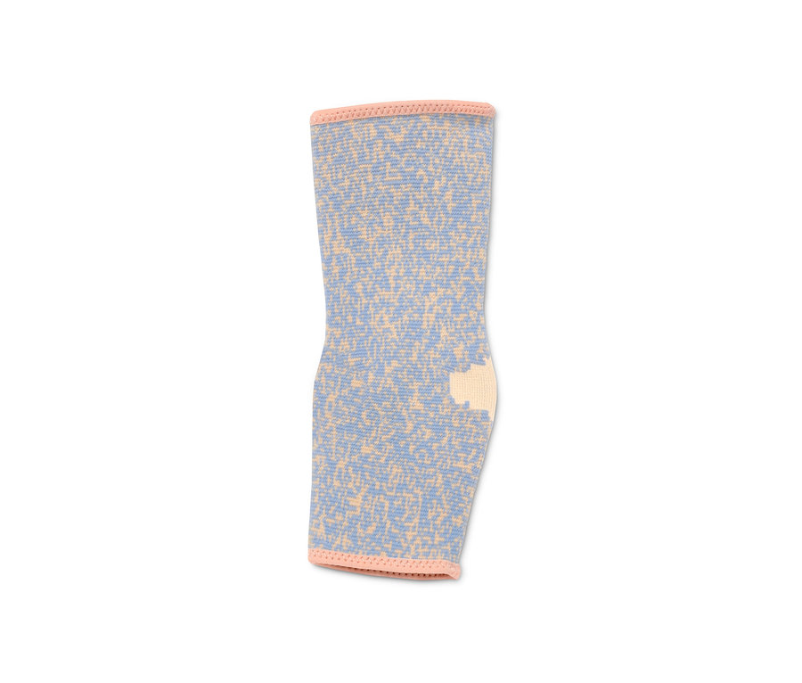 Eine blau-beige Fußgelenkbandage.