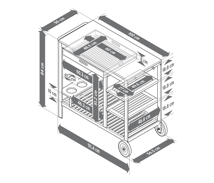 Abmessungen des Premium-Grillwagens »Elin« mit Schublade und Beton-Arbeitsfläche.
