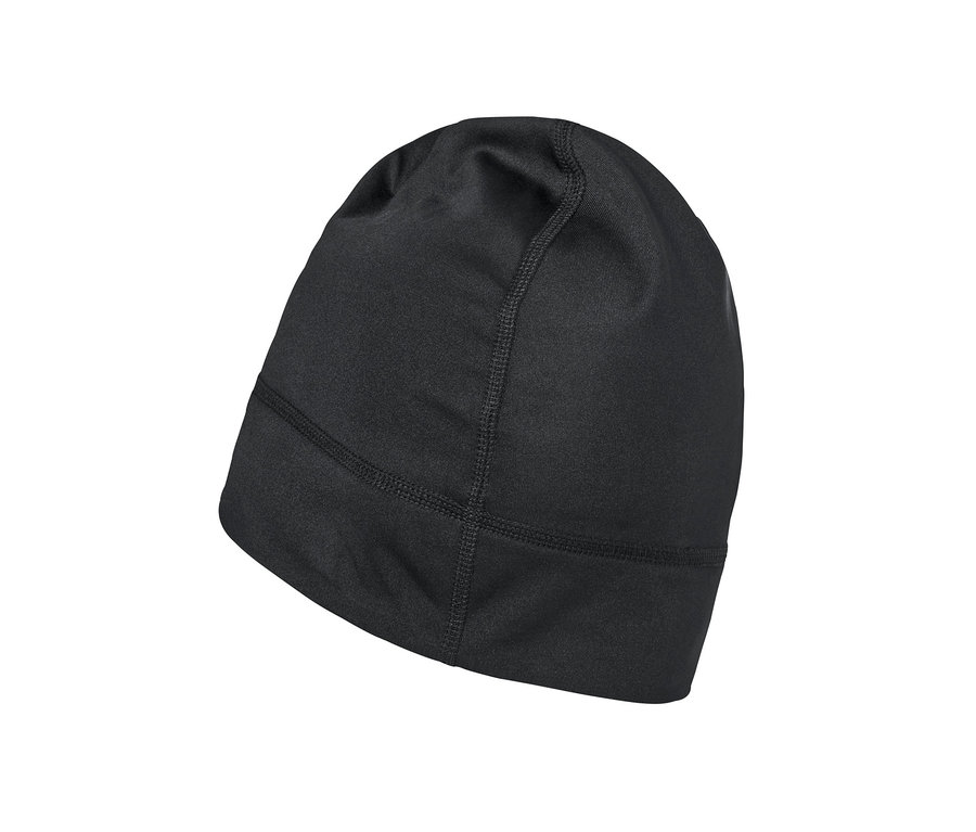 Eine schwarze Thermo-Funktionsmütze mit Reflektorprint.