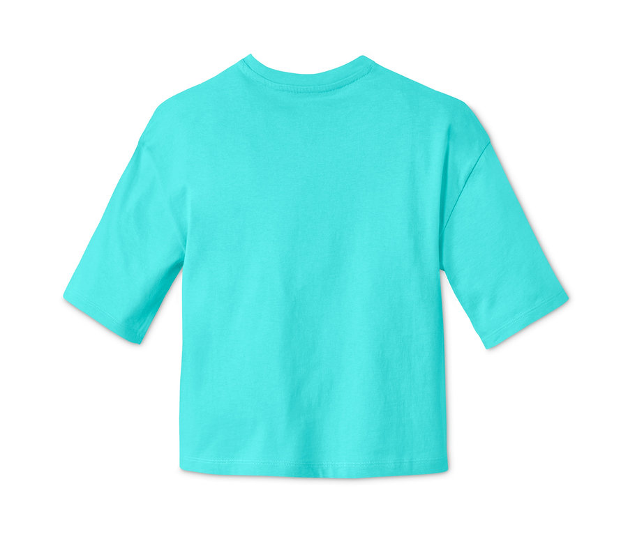 Rückansicht eines helltürkisfarbenen T-Shirts aus Bio-Baumwolle mit kurzen Ärmeln.
