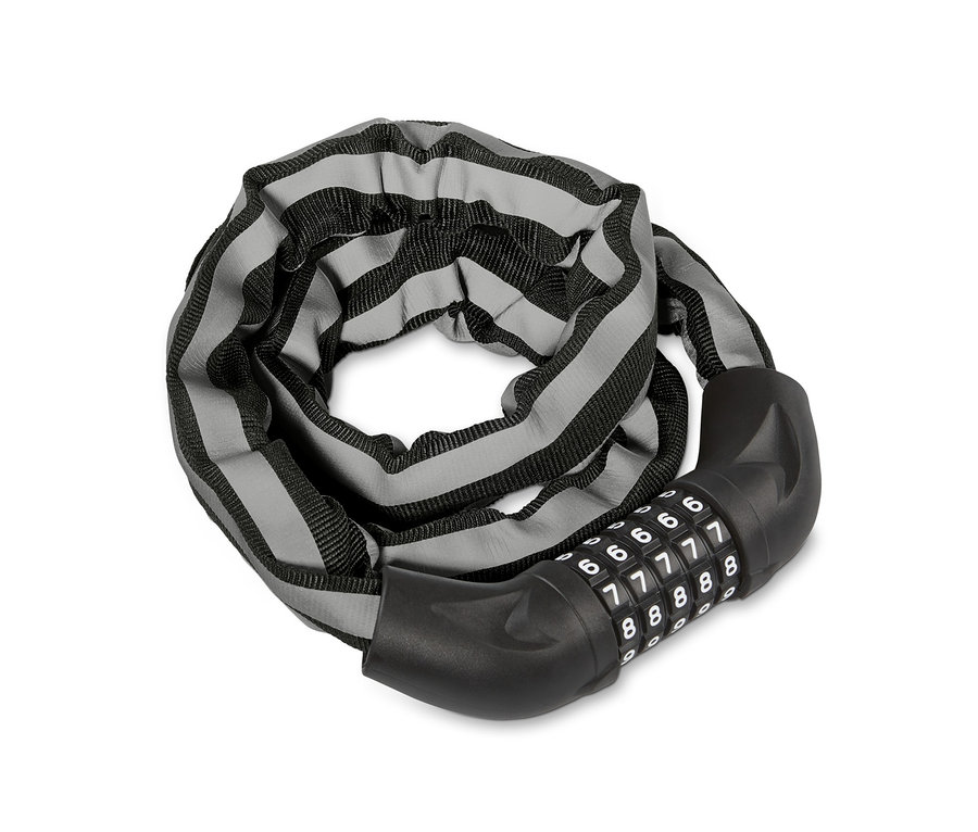 Ein aufgerolltes Kettenschloss mit Zahlencode.