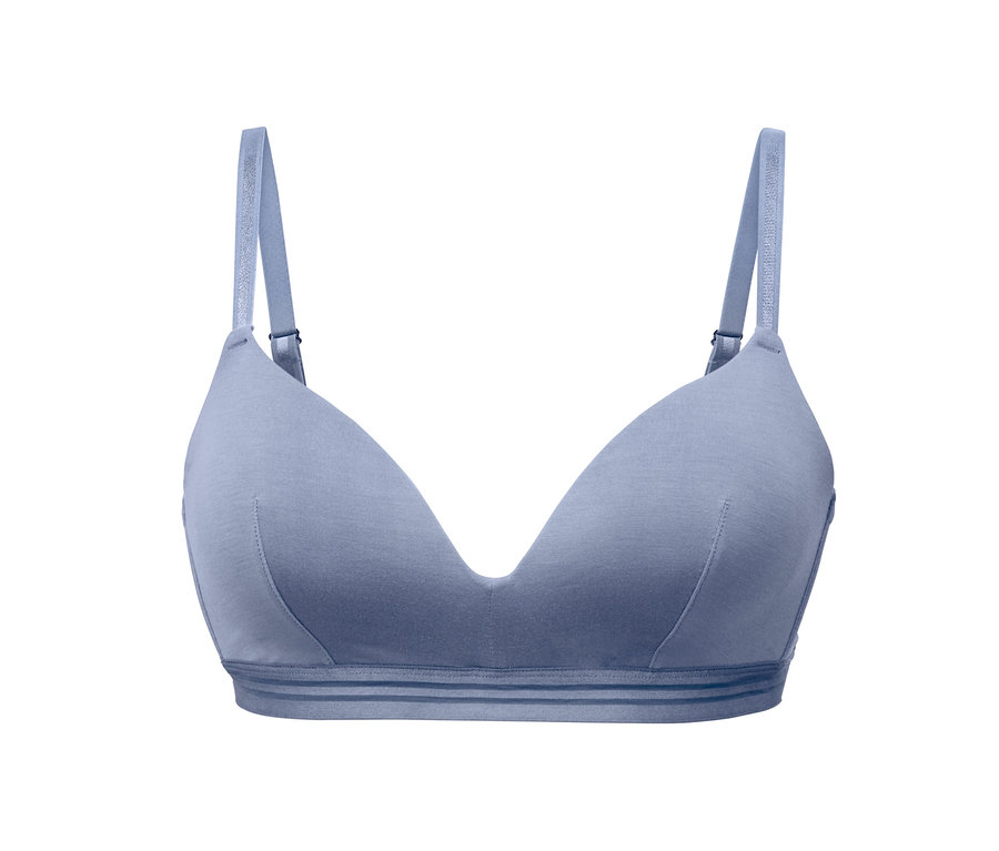 Blauer Softschalen-BH auf weißem Hintergrund.