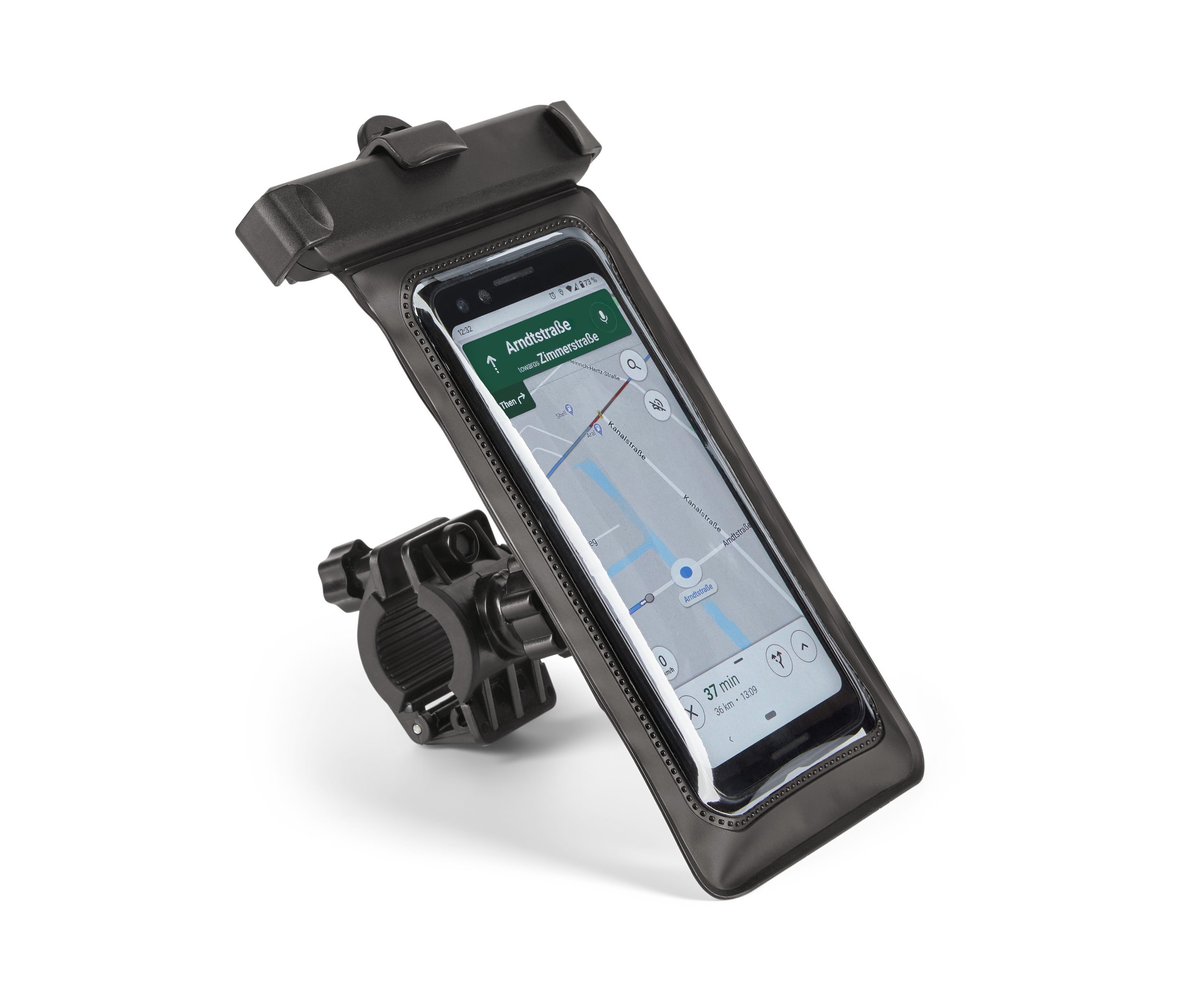 Eine schwarze Fahrrad-Smartphone-Halterung mit einem Telefon darin, vor einem weißen Hintergrund.