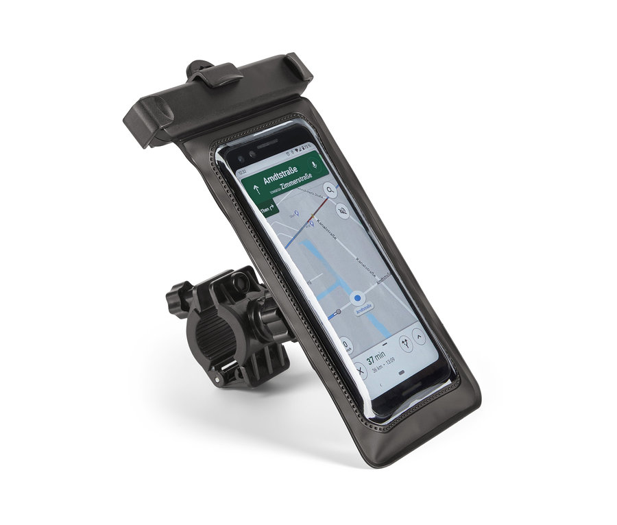 Eine schwarze Fahrrad-Smartphone-Halterung mit einem Telefon darin, vor einem weißen Hintergrund.