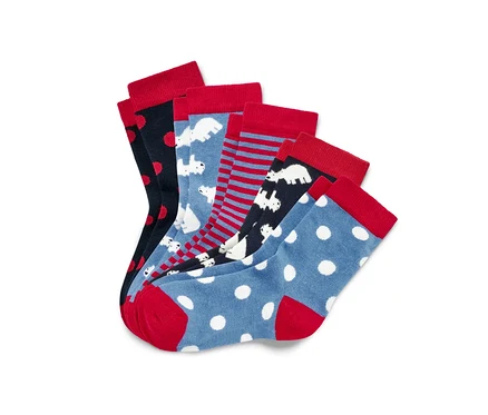 Fünf Paar Kinder-Socken mit verschiedenen Mustern, darunter Punkte, Streifen und Eisbären.