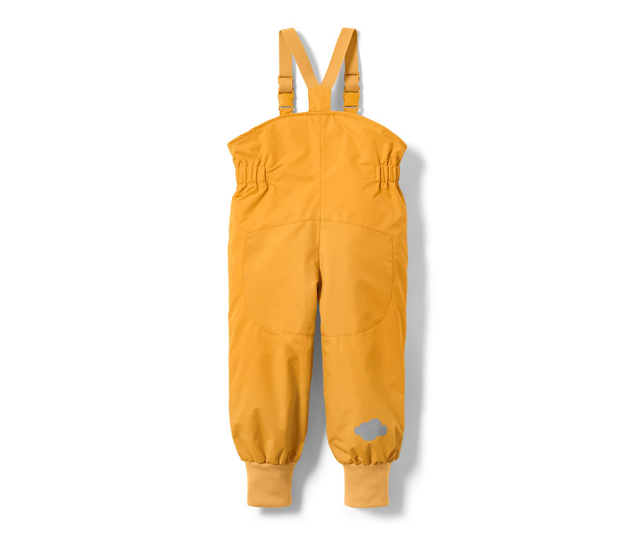 Korngelbe Kleinkind-Thermo-Regenhose mit Latz und reflektierender Wolke.