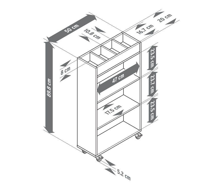 Illustration eines schmalen Beistellwagens mit Maßangaben.
