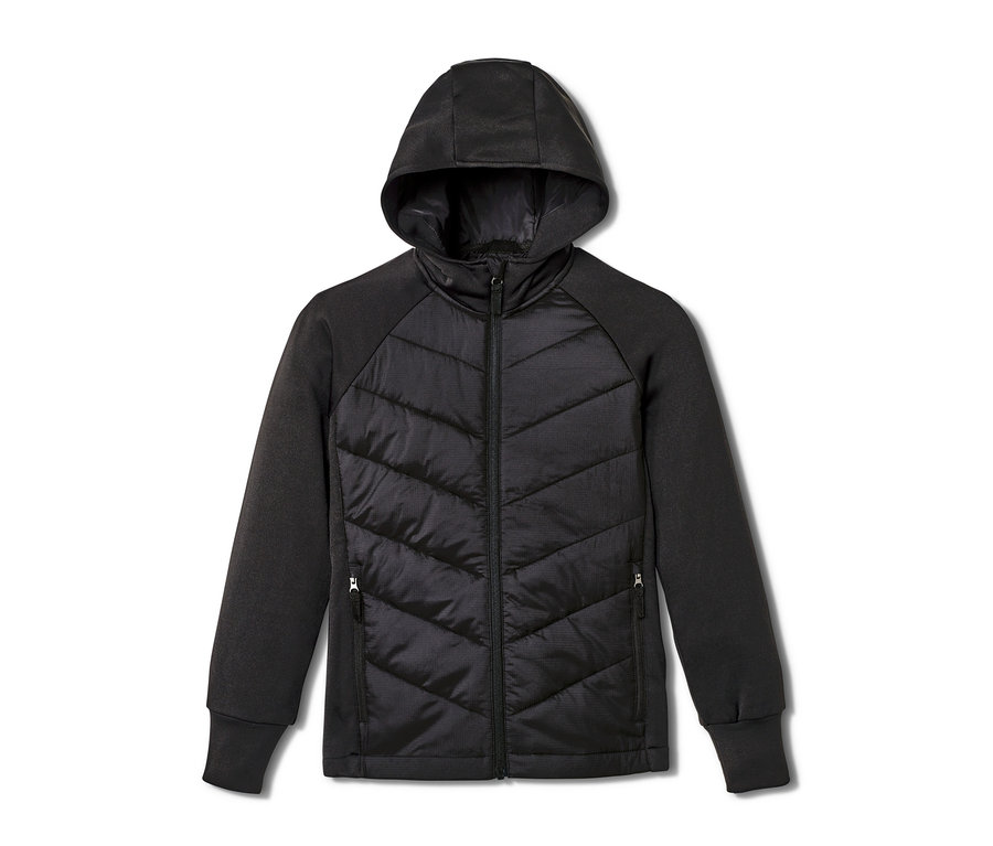 Eine schwarze Kinder-Thermo-Sportjacke mit Kapuze und Reißverschluss.