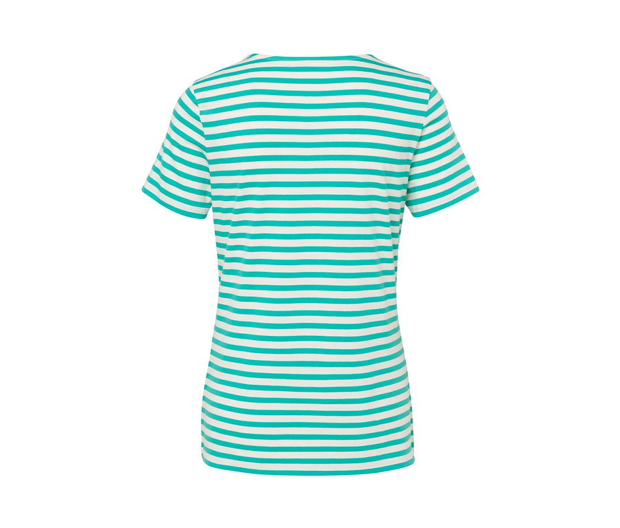 Rückansicht des Basic T-Shirts, aqua-weiß gestreift.