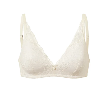 Ein cremefarbener Softschalen-BH mit Blumenspitze.