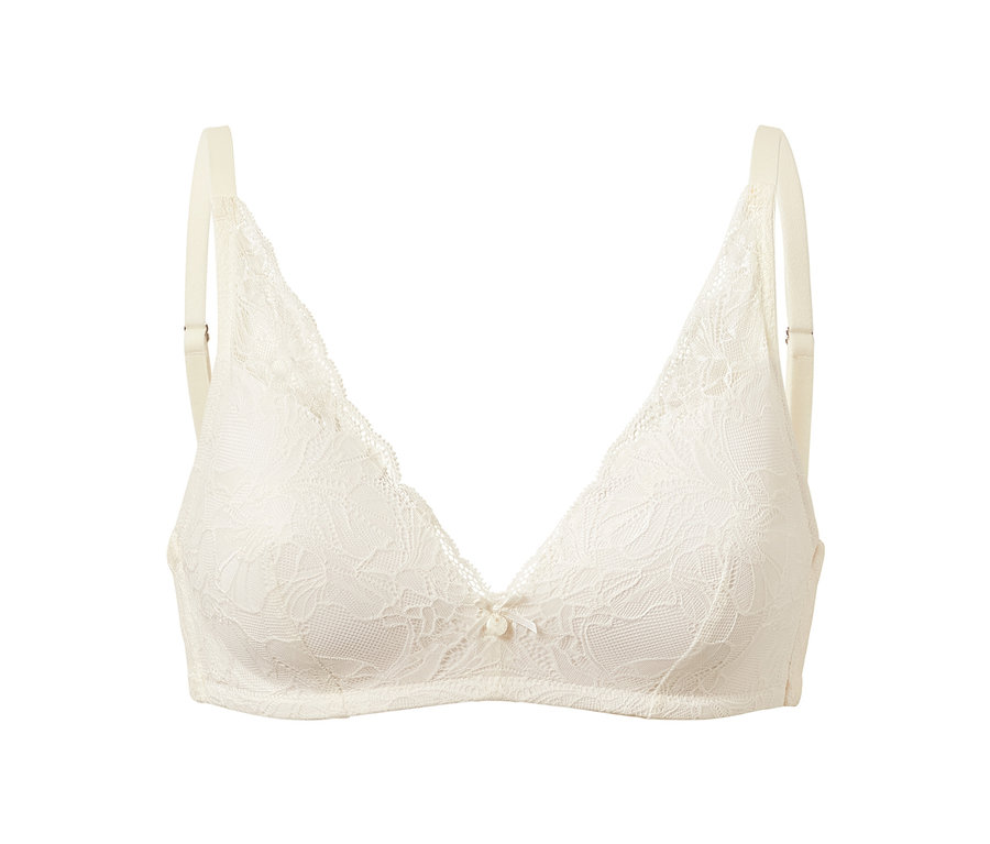 Ein cremefarbener Softschalen-BH mit Blumenspitze.