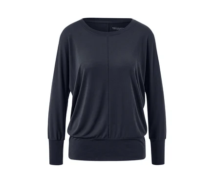 Marineblaues Sport-und-Yogashirt mit langen Ärmeln.