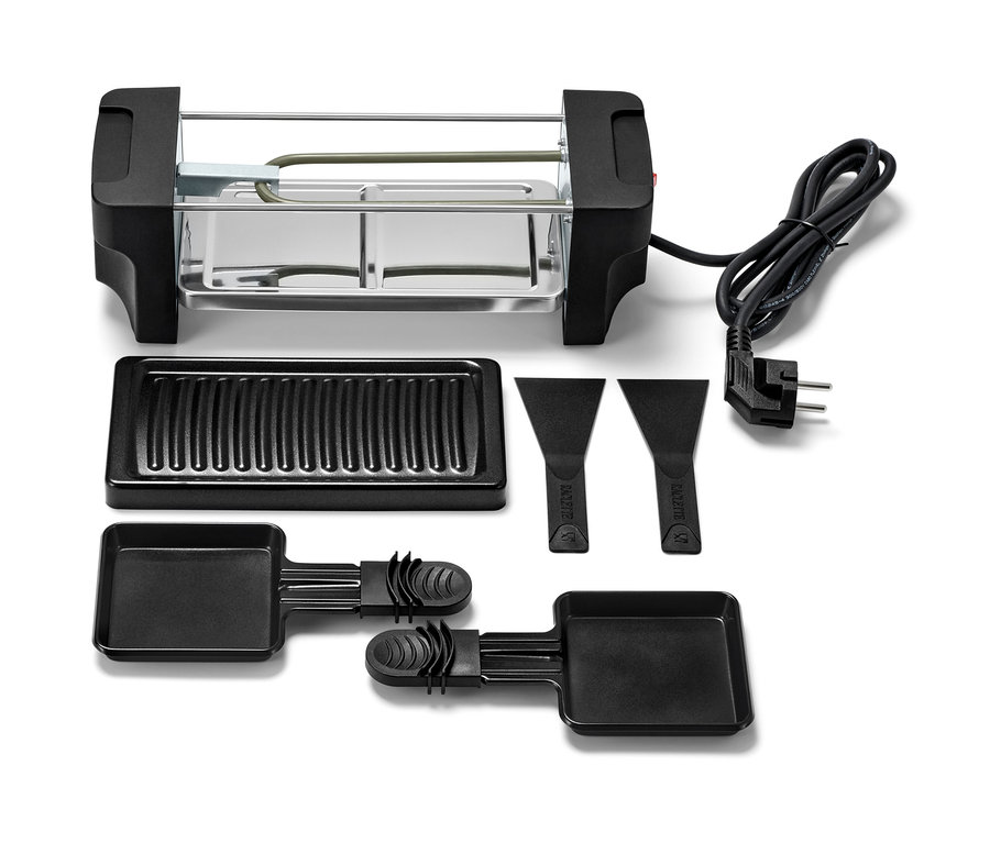 Raclette für 2 Personen mit Grill, Pfännchen und Schaber.