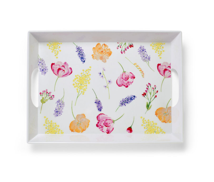 Rechteckiges Tablett mit Blumenmuster und Griffen.