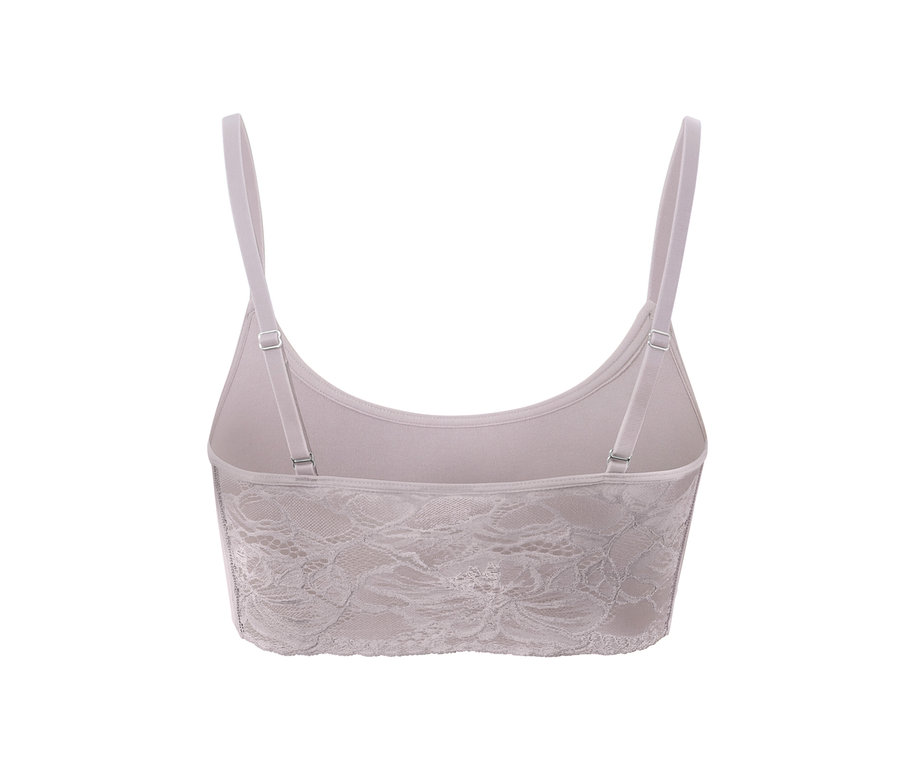 Detailansicht eines grauen Seamless-Bustiers mit Spitze von hinten.