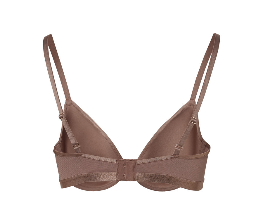 Rückansicht eines beigen Spacer-BHs mit verstellbaren Trägern und Hakenverschluss.