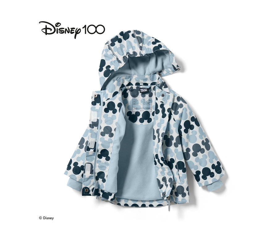 Geöffnete, blaue Kleinkind-Thermo-Regenjacke »Micky« mit Mickey Maus-Muster.