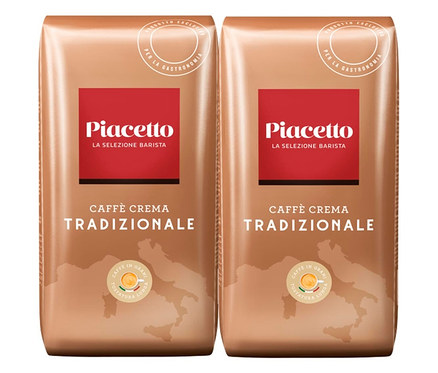 Zwei Packungen Tradizionale Caffè Crema. Die Packungen sind braun mit rotem Piacetto-Logo.