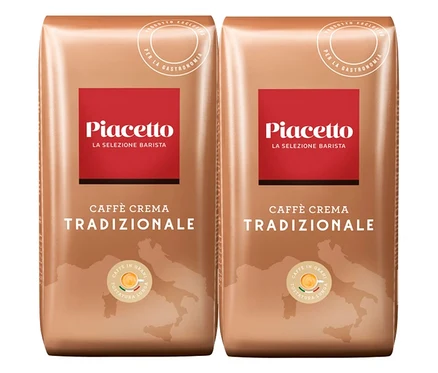 Zwei Packungen Tradizionale Caffè Crema. Die Packungen sind braun mit rotem Piacetto-Logo.