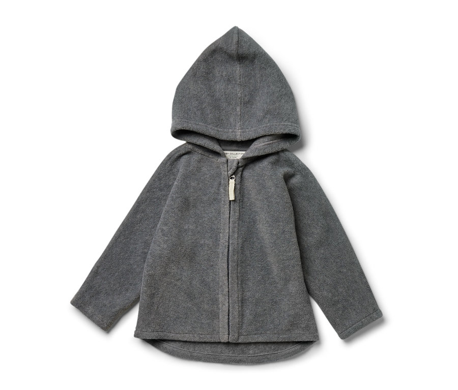 Graue Baby-Fleecejacke mit Kapuze und Reißverschluss.