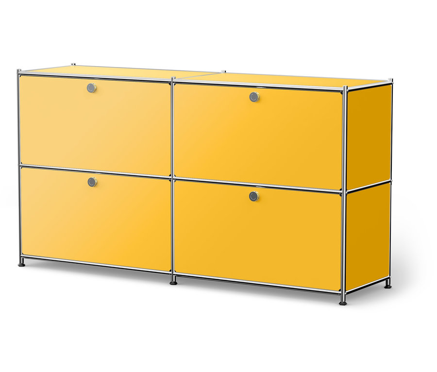 Gelber Schrank mit vier Türen und silbernem Rahmen.