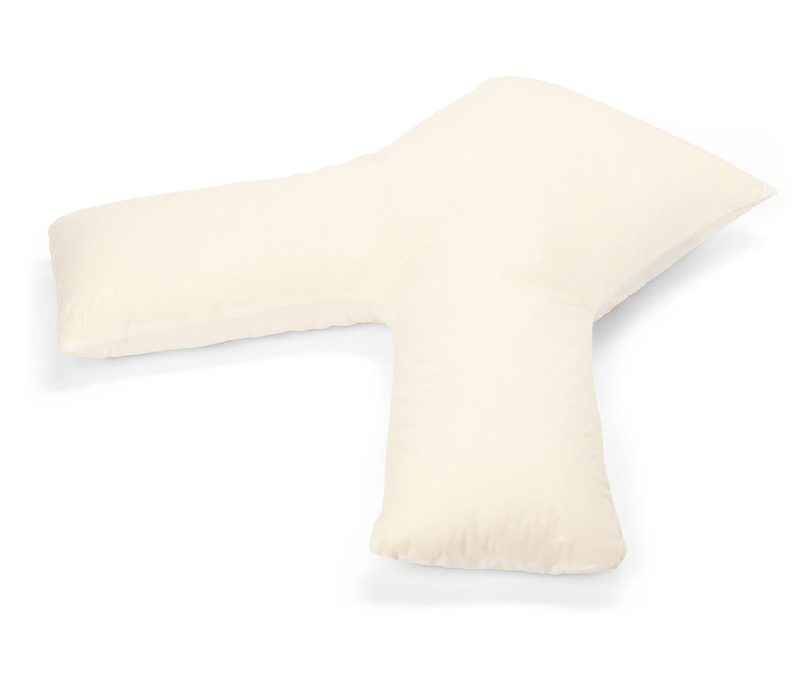 Ein cremefarbenes Y-förmiges Kissen auf einem weißen Hintergrund.