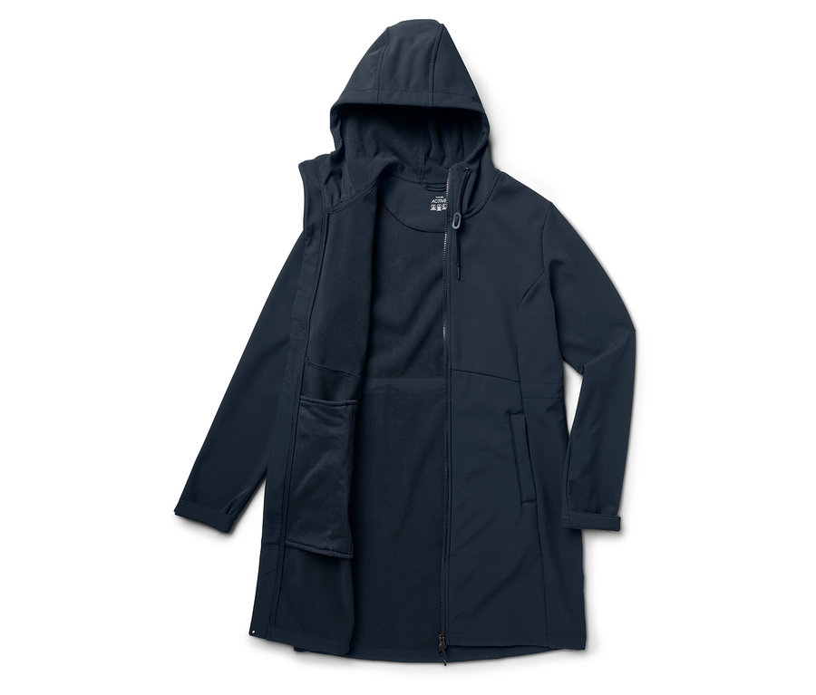 Marineblauer Kapuzenmantel mit offenem Reißverschluss.