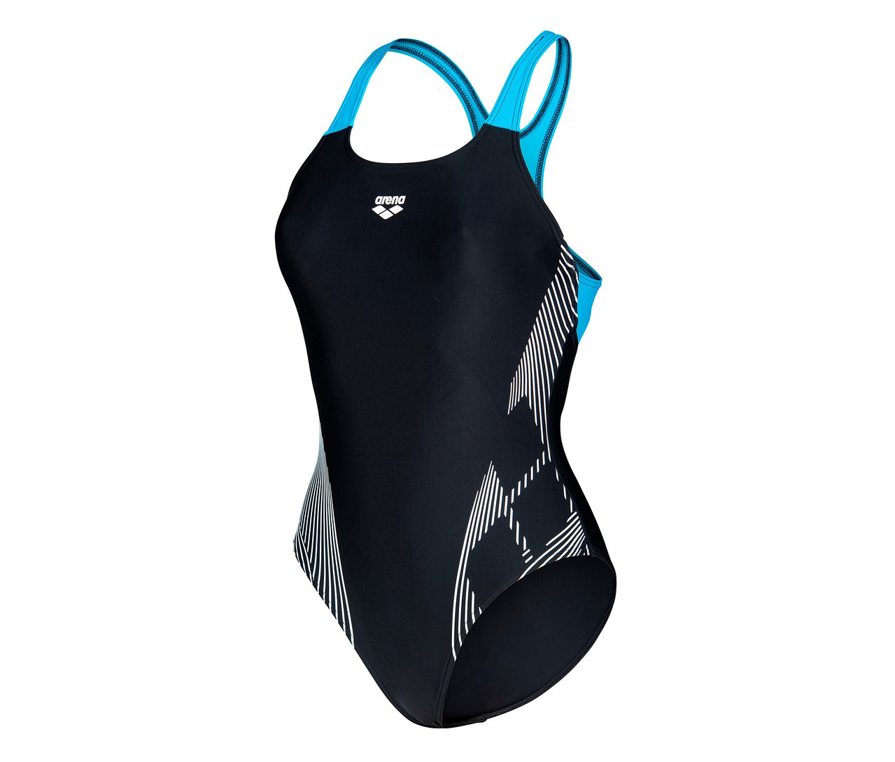 arena Feel Damen Badeanzug Lily Swim Pro Back Bustier in Schwarz-Türkis mit weißen geometrischen Akzenten.