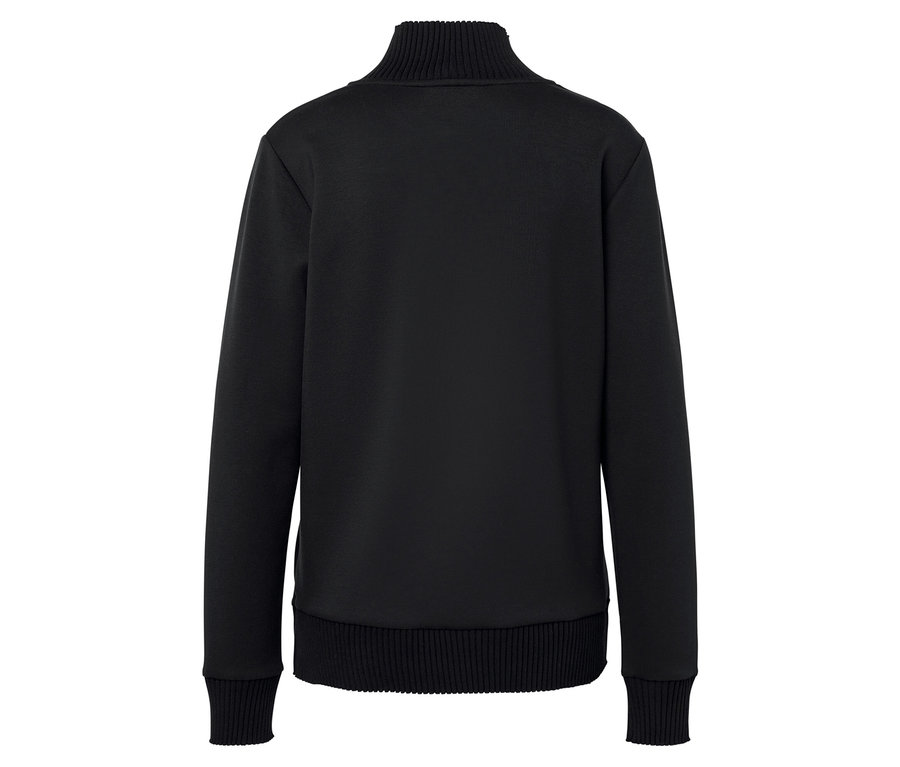 Rückansicht eines schwarzen Sweatshirts mit Stehkragen und Rippbündchen.
