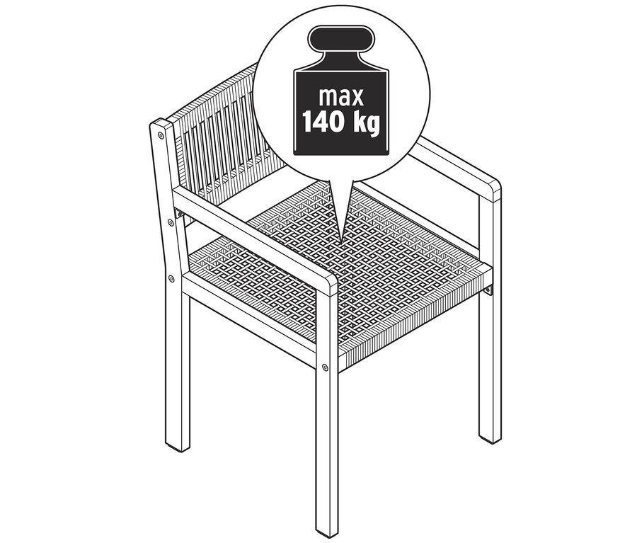 Illustration eines Dining-Stuhls mit Textilgeflecht und einer maximalen Belastbarkeit von 140 kg.