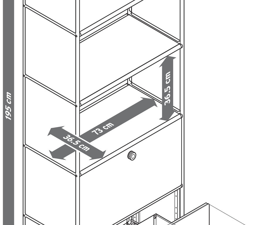 Illustration eines Metallregals »CN3« mit 2 Schubladen und den dazugehörigen Abmessungen.
