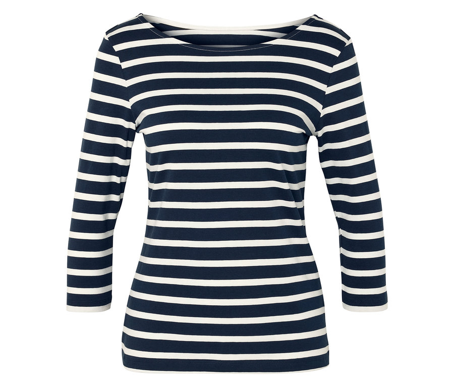 Ein blau-weiß gestreiftes Oberteil mit Dreiviertelärmeln.