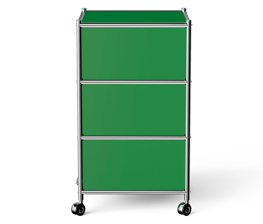 Grüner Rollcontainer mit drei Schubladen und silbernem Rahmen.