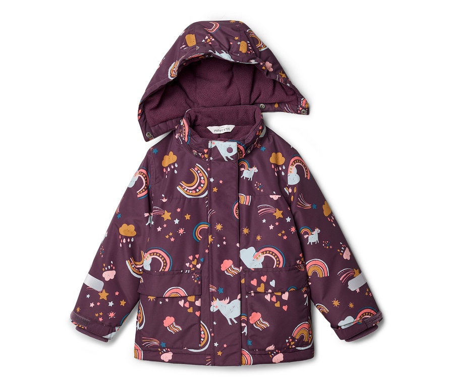 Lila Kinderjacke mit Kapuze, bedeckt mit Einhorn-, Regenbogen- und Sternmotiven.