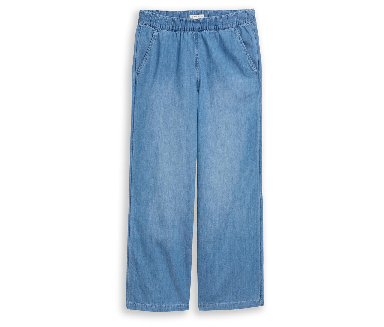 Hellblaue, weite Jeanshose mit elastischem Bund und seitlichen Eingrifftaschen.
