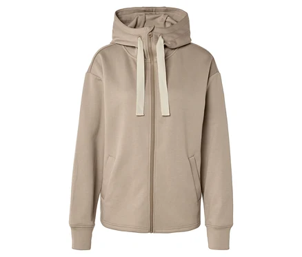 Beige Kapuzenjacke mit Reißverschluss und Kordelzug.