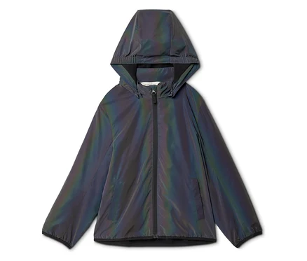 Reflektierende Jacke mit Kapuze und Reißverschluss auf weißem Hintergrund.