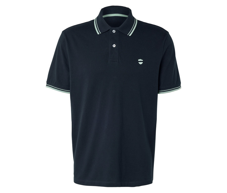 Dunkelblaues Poloshirt mit kurzen Ärmeln und hellgrünen Akzenten an Kragen und Ärmeln.