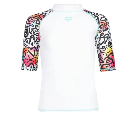 Weißes Arena-Langarmshirt mit bunten Mustern auf den Ärmeln.